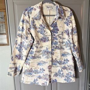 Maren‎ Vintage French Country Toile Stretch Button Down Jacket, Blue Cream, XL